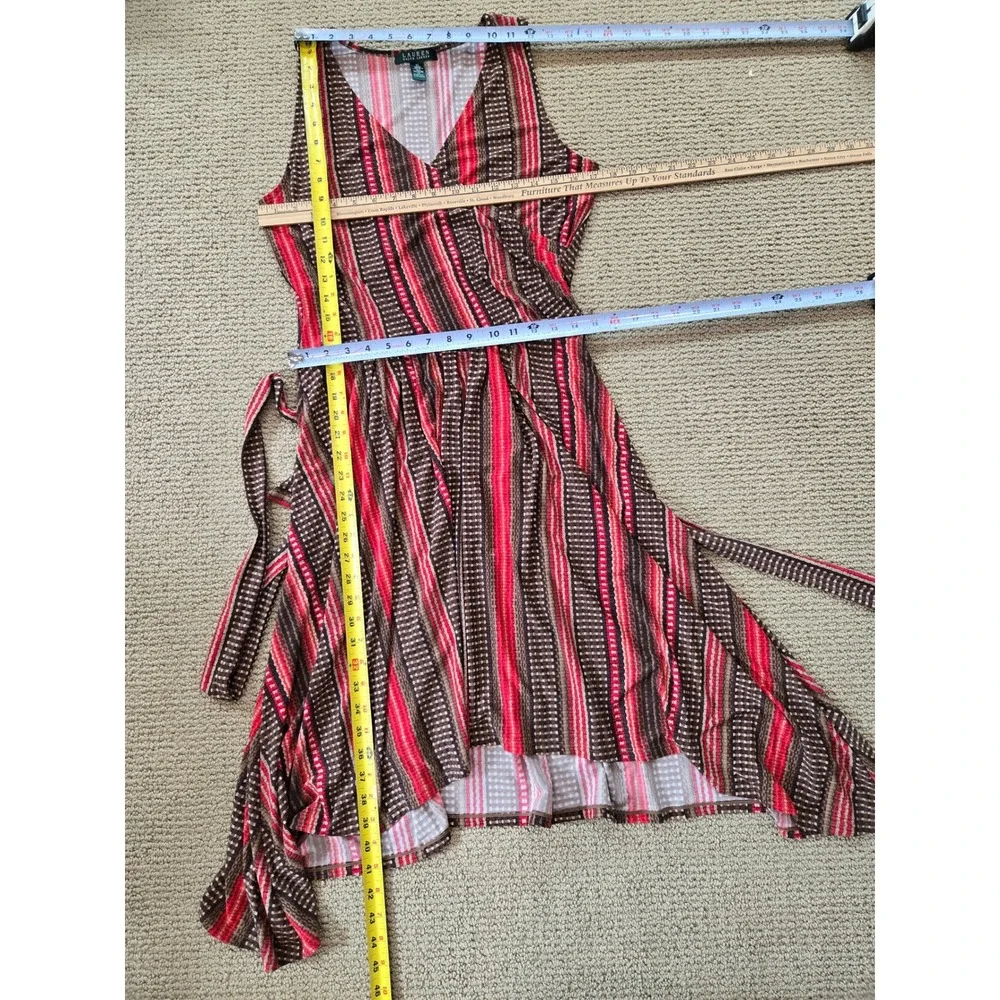 Lauren Ralph Lauren Faux Wrap Dress Medium Red Brown Striped Southwestern V Neck - Picture 8 of 8